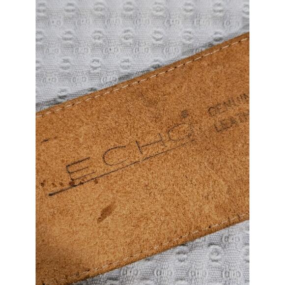 Vintage Echo Wide Embossed Leather Belt Gold Buckle Size Large Tan Brown 33-36" - Picture 4 of 6